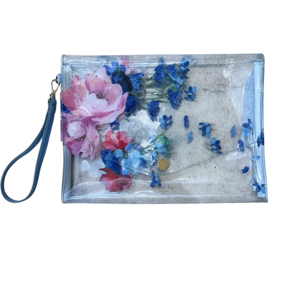 Ted Baker Raspberry Ripple Clear Blue Envelope Pouch Floral‎ Clutch Wristlet